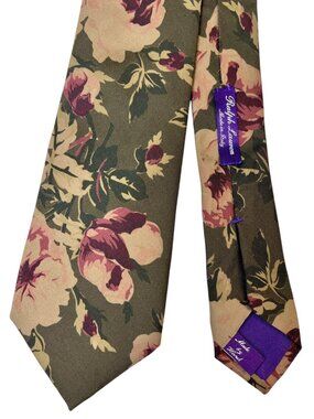 Ralph Lauren Purple Cursive Label 100% Silk Tie, Sage Green Floral Made in Italy